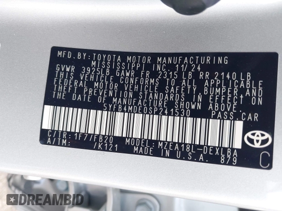 2025 Toyota Corolla LE z VIN 5YFB4MDE0SP241530, wystawiony jako IAAI lot #42175543 z przebiegiem 3222 mil mil oraz . Historia ofert i sprzedaży dostępna na DreamBid. Obrazek 9.