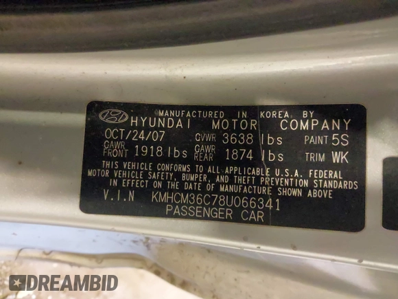 2008 Hyundai Accent GS with VIN KMHCM36C78U066341, listed as a IAAI auction lot 41377961 with 354,357 mi miles. Bid and sale history available at carsss.com. Image 9.