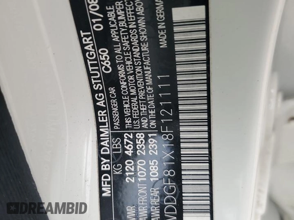 2008 Mercedes-Benz C 300 Sport с VIN WDDGF81X18F121111, выставлен на аукционе Copart как лот 61053215 с пробегом 182 254 миль миль и Списание • Salvage title. История ставок и продаж доступна на DreamBid. Изображение 12.