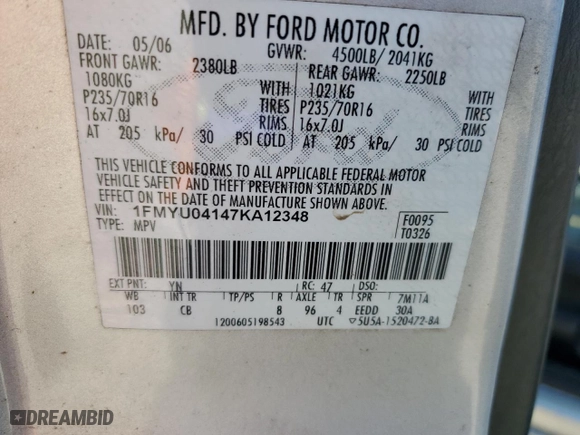 2007 Ford Escape Limited with VIN 1FMYU04147KA12348, listed as a Copart auction lot 76515654 with 246,081 mi miles and Salvage Title. Bid and sale history available at carsss.com. Image 14.