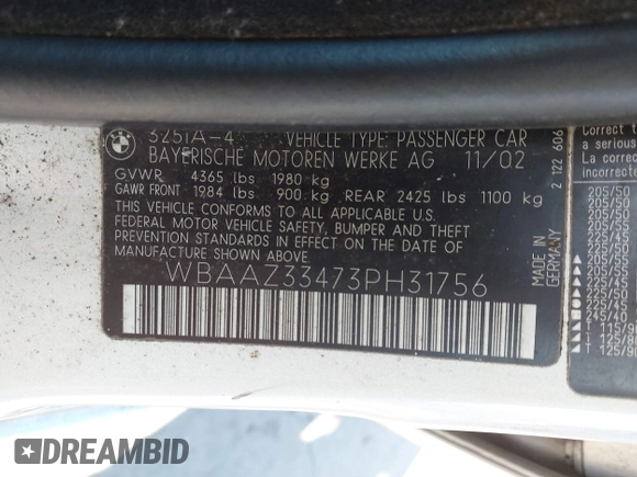 2003 BMW 3 Series 325i with VIN WBAAZ33473PH31756, listed as a IAAI auction lot 41605387 with 187,410 mi miles. Bid and sale history available at carsss.com. Image 9.
