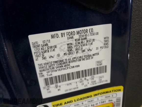 2012 Ford F-150 XL with VIN 1FTFW1EF0CFC58189, listed as a Copart auction lot 61142605 with 121,857 mi miles and Salvage title. Bid and sale history available at DreamBid. Image 12.