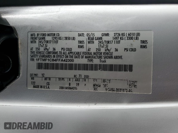 2015 Ford F-150 XL с VIN 1FTMF1C84FFA42300, выставлен на аукционе Copart как лот 63417225 с пробегом 192 038 миль миль и Списание • Salvage title. История ставок и продаж доступна на DreamBid. Изображение 12.