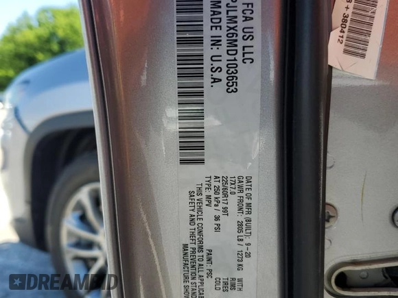 2021 Jeep Cherokee Latitude Lux with VIN 1C4PJLMX6MD103653, listed as a Copart auction lot 57706995 with 74,993 mi miles and Salvage title. Bid and sale history available at DreamBid. Image 12.