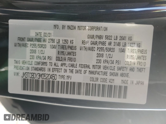 2021 Mazda CX-9 Carbon Edition with VIN JM3TCBDY3M0520450, listed as a Copart auction lot 42595065 with 40,434 mi miles and Salvage title. Bid and sale history available at DreamBid. Image 14.