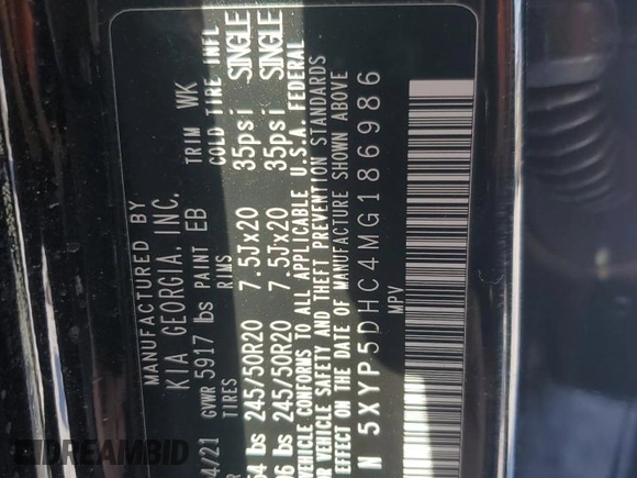 2021 Kia Telluride SX with VIN 5XYP5DHC4MG186986, listed as a Copart auction lot 47409435 with 10,887 mi miles and Salvage title. Bid and sale history available at DreamBid. Image 14.