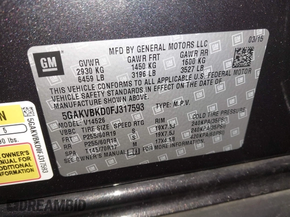 2015 Buick Enclave Leather with VIN 5GAKVBKD0FJ317593, listed as a IAAI auction lot 41510185 with 124,647 mi miles and . Bid and sale history available at carsss.com. Image 9.