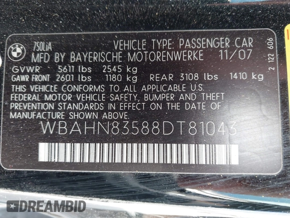 2008 BMW 7 Series 750Li with VIN WBAHN83588DT81043, listed as a IAAI auction lot 42108479 with 141,499 mi miles and . Bid and sale history available at carsss.com. Image 9.