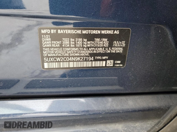 2022 BMW X7 xDrive40i with VIN 5UXCW2C04N9K27194, listed as a Copart auction lot 89009155 with 0 mi miles and Salvage Title. Bid and sale history available at carsss.com. Image 13.