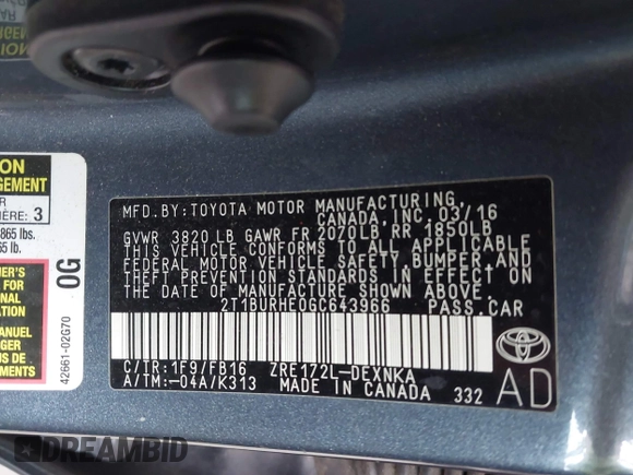 2016 Toyota Corolla L with VIN 2T1BURHE0GC643966, listed as a IAAI auction lot 42418987 with 135,766 mi miles and . Bid and sale history available at DreamBid. Image 9.