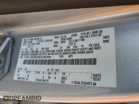 2016 Ford Escape SE с VIN 1FMCU9G93GUC45304, выставлен на аукционе Copart как лот 55142225 с пробегом 164 338 миль миль и Списание • Salvage title. История ставок и продаж доступна на DreamBid. Изображение 13.