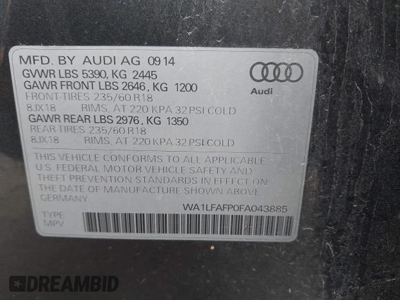 2015 Audi Q5 Premium Plus with VIN WA1LFAFP0FA043885, listed as a IAAI auction lot 42311972 with 114,043 mi miles and . Bid and sale history available at DreamBid. Image 9.