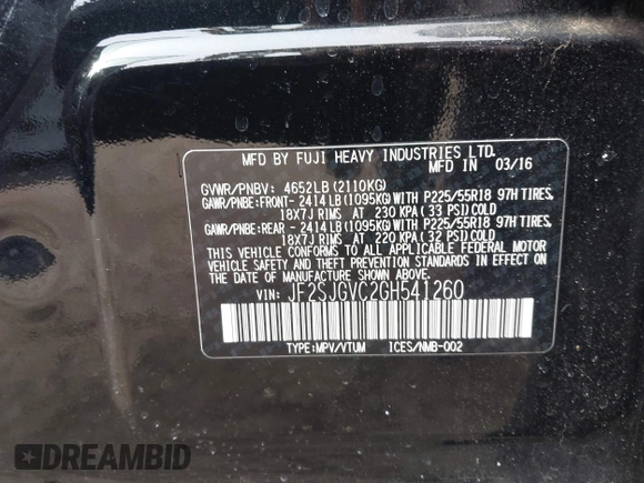 2016 Subaru Forester XT Touring с VIN JF2SJGVC2GH541260, выставлен на аукционе IAAI как лот 42113579 с пробегом 104 327 миль миль и . История ставок и продаж доступна на DreamBid. Изображение 9.