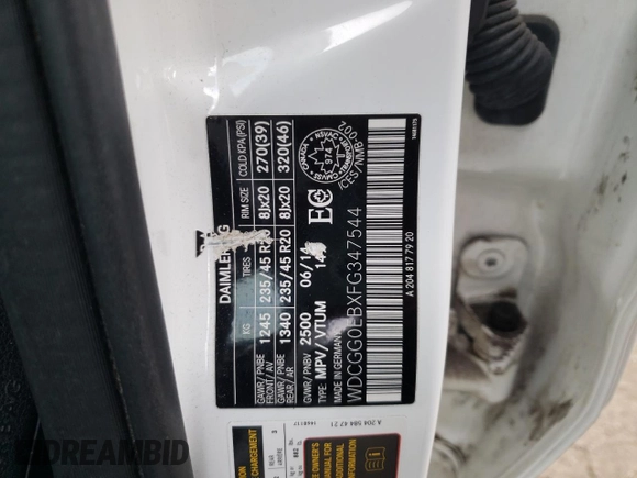 2015 Mercedes-Benz GLK 250 with VIN WDCGG0EBXFG347544, listed as a Copart auction lot 86331534 with 43,513 mi miles and Salvage Title. Bid and sale history available at DreamBid. Image 14.