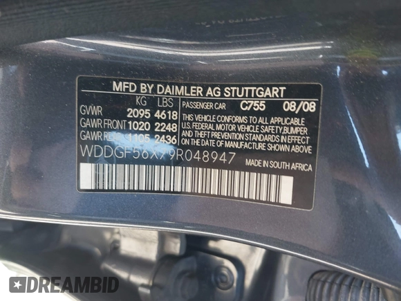 2009 Mercedes-Benz C-Class 3.5L Sport with VIN WDDGF56X79R048947, listed as a IAAI auction lot 41995635 with 141,831 mi miles. Bid and sale history available at carsss.com. Image 9.
