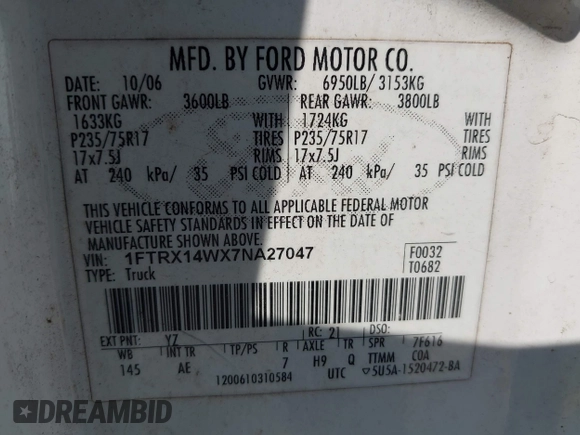 2007 Ford F-150 STX with VIN 1FTRX14WX7NA27047, listed as a IAAI auction lot 42574770 with 212,837 mi miles and . Bid and sale history available at DreamBid. Image 9.