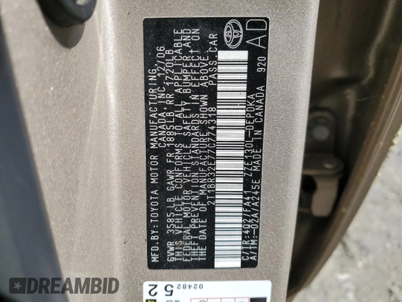 2007 Toyota Corolla CE with VIN 2T1BR32E77C774318, listed as a Copart auction lot 52458855 with 275,730 mi miles and Clean Title. Bid and sale history available at DreamBid. Image 12.