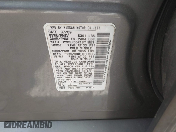 2009 Infiniti FX with VIN JNRAS18U59M104582, listed as a IAAI auction lot 42091220 with Not provided miles and . Bid and sale history available at DreamBid. Image 9.
