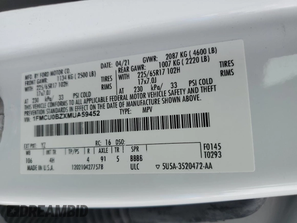 2021 Ford Escape SE Hybrid with VIN 1FMCU0BZXMUA59452, listed as a Copart auction lot 54580445 with 59,984 mi miles and Salvage title. Bid and sale history available at DreamBid. Image 12.