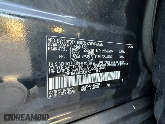 2019 Toyota RAV4 LE with VIN JTMF1RFV4KD030550, listed as a Copart auction lot 55537415 with 92,319 mi miles and Clean Title. Bid and sale history available at DreamBid. Image 10.