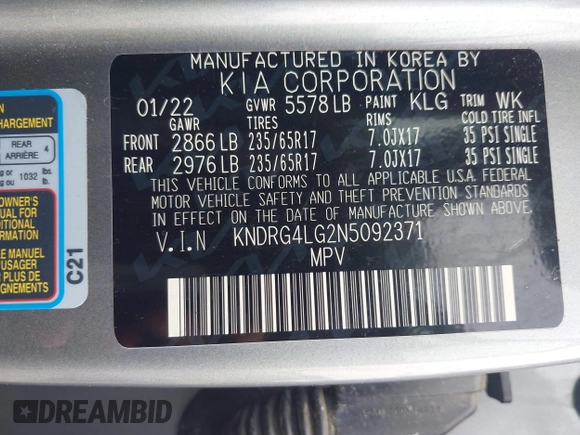 2022 Kia Sorento S with VIN KNDRG4LG2N5092371, listed as a IAAI auction lot 42470723 with 74,541 mi miles and . Bid and sale history available at DreamBid. Image 9.