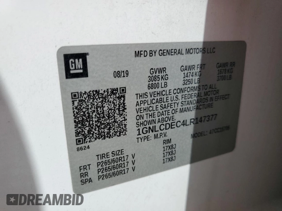 2020 Chevrolet Tahoe Commercial with VIN 1GNLCDEC4LR147377, listed as a Copart auction lot 59322465 with Not provided miles and Non repairable. Bid and sale history available at DreamBid. Image 13.