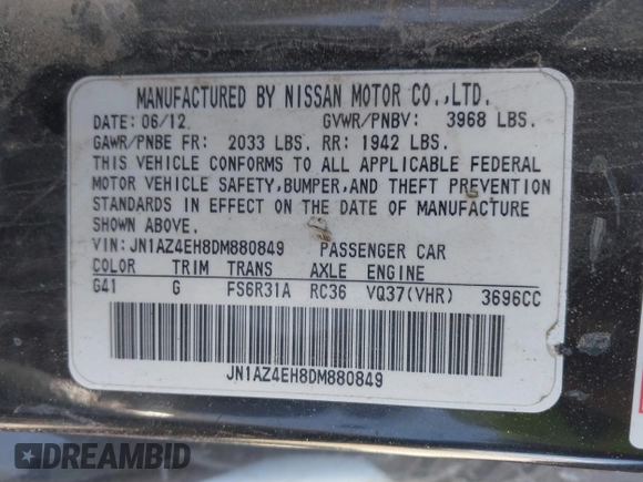 2013 Nissan 370Z z VIN JN1AZ4EH8DM880849, wystawiony jako IAAI lot #42131189 z przebiegiem Nie podano mil oraz . Historia ofert i sprzedaży dostępna na DreamBid. Obrazek 9.