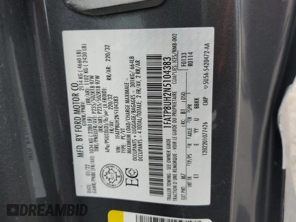 2022 Ford Mustang EcoBoost with VIN 1FATP8UH2N5104383, listed as a Copart auction lot 51914125 with 90,088 mi miles and Salvage Title. Bid and sale history available at carsss.com. Image 12.