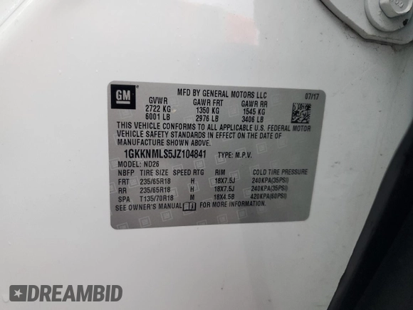 2018 GMC Acadia SLT z VIN 1GKKNMLS5JZ104841, wystawiony jako Copart lot #79510174 z przebiegiem 136 840 mil mil oraz Nie do naprawy • Non repairable. Historia ofert i sprzedaży dostępna na DreamBid. Obrazek 13.
