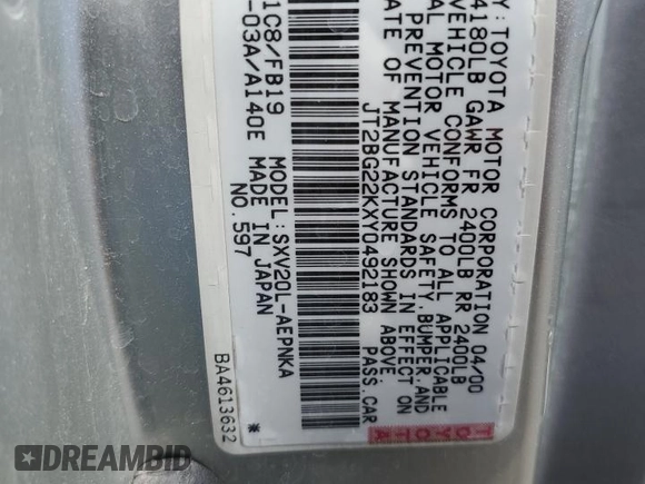 2000 Toyota Camry CE with VIN JT2BG22KXY0492183, listed as a Copart auction lot 52596705 with 181,840 mi miles and Salvage Title. Bid and sale history available at carsss.com. Image 13.