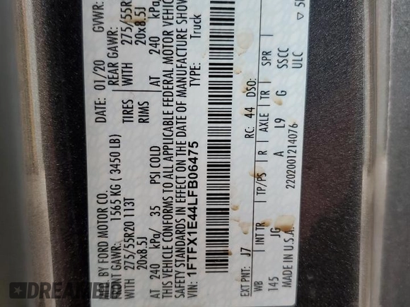2020 Ford F-150 XL z VIN 1FTFX1E44LFB06475, wystawiony jako Copart lot #64929845 z przebiegiem 106 537 mil mil oraz Szkoda całkowita • Salvage title. Historia ofert i sprzedaży dostępna na DreamBid. Obrazek 12.
