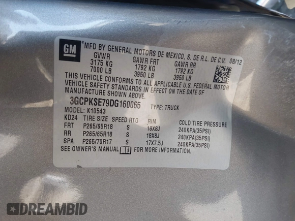 2013 Chevrolet Silverado 1500 LT with VIN 3GCPKSE79DG160065, listed as a IAAI auction lot 41793112 with 112,209 mi miles and . Bid and sale history available at DreamBid. Image 9.