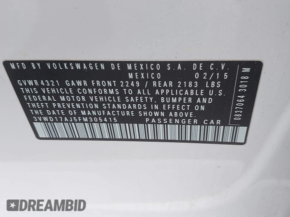 2015 Volkswagen Jetta SE with VIN 3VWD17AJ5FM305415, listed as a IAAI auction lot 42179447 with 154,535 mi miles and . Bid and sale history available at DreamBid. Image 9.