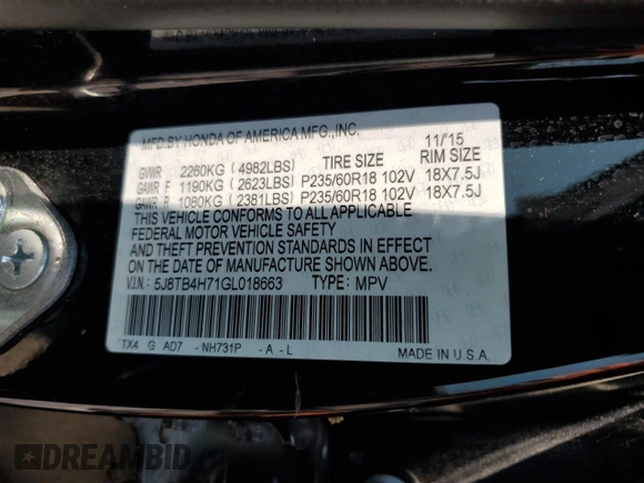 2016 Acura RDX Advance with VIN 5J8TB4H71GL018663, listed as a Copart auction lot 59438725 with 156,167 mi miles and Salvage title. Bid and sale history available at DreamBid. Image 13.