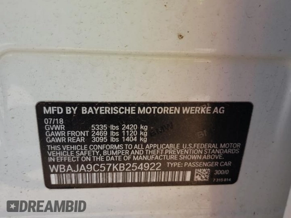 2019 BMW 5 Series 530e with VIN WBAJA9C57KB254922, listed as a Copart auction lot 55161535 with Not provided miles and Salvage title. Bid and sale history available at DreamBid. Image 12.