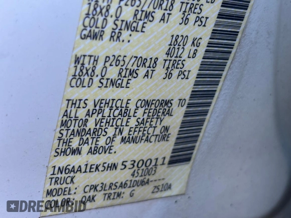 2017 Nissan Titan SV with VIN 1N6AA1EK5HN530011, listed as a Copart auction lot 57471455 with 216,992 mi miles and Clean title. Bid and sale history available at DreamBid. Image 10.