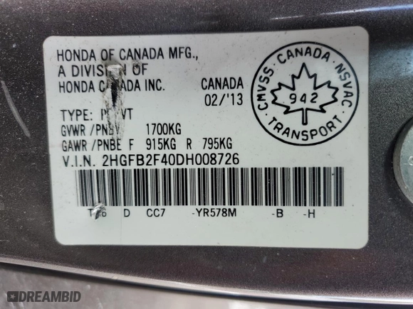 2013 Honda Civic Sdn LX with VIN 2HGFB2F40DH008726, listed as a Copart auction lot 52205165 with 310,718 mi miles and Salvage Title. Bid and sale history available at carsss.com. Image 13.