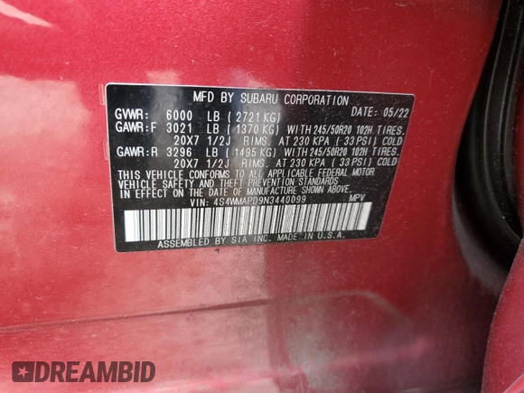 2022 Subaru Ascent Limited с VIN 4S4WMAPD9N3440099, выставлен на аукционе Copart как лот 54713295 с пробегом 37 969 миль миль и Списание • Salvage title. История ставок и продаж доступна на DreamBid. Изображение 13.