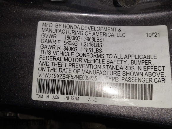 2022 Honda Insight EX with VIN 19XZE4F52NE009235, listed as a IAAI auction lot 41772288 with 115,324 mi miles and . Bid and sale history available at carsss.com. Image 9.