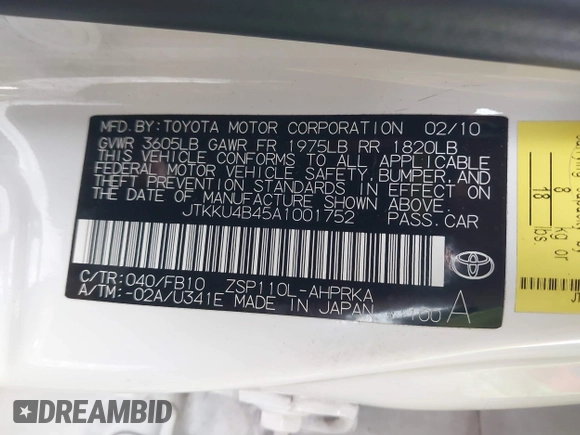 2010 Scion xD with VIN JTKKU4B45A1001752, listed as a IAAI auction lot 41769171 with 120,646 mi miles and . Bid and sale history available at DreamBid. Image 9.