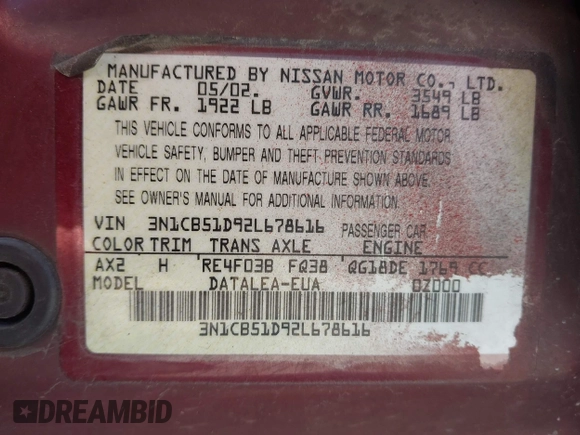 2002 Nissan Sentra GXE с VIN 3N1CB51D92L678616, выставлен на аукционе IAAI как лот 42348846 с пробегом 183 269 миль миль и . История ставок и продаж доступна на DreamBid. Изображение 9.