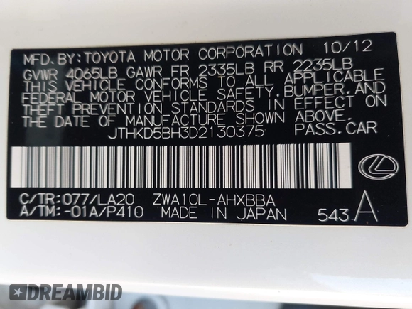 2013 Lexus CT 200h with VIN JTHKD5BH3D2130375, listed as a IAAI auction lot 42659121 with 177,214 mi miles and . Bid and sale history available at DreamBid. Image 9.