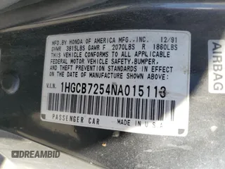 1992 Honda Accord z VIN 1HGCB7254NA015113, wystawiony jako Copart lot #77223284 z przebiegiem 219 007 mil mil oraz Szkoda całkowita • Salvage title. Historia ofert i sprzedaży dostępna na DreamBid. Obrazek 14.