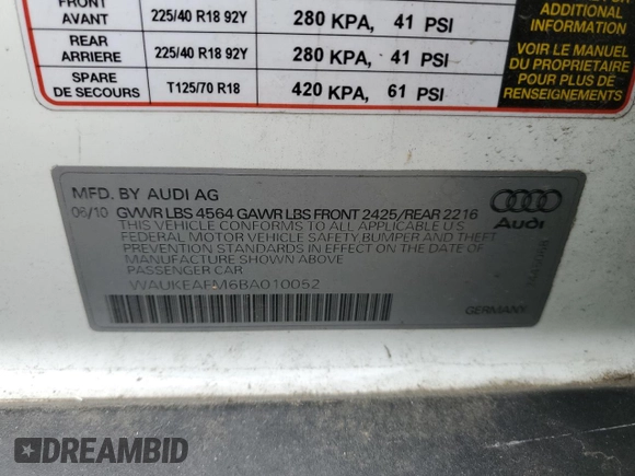 2011 Audi A3 Premium Plus with VIN WAUKEAFM6BA010052, listed as a Copart auction lot 47665695 with 150,840 mi miles and Salvage title. Bid and sale history available at DreamBid. Image 12.