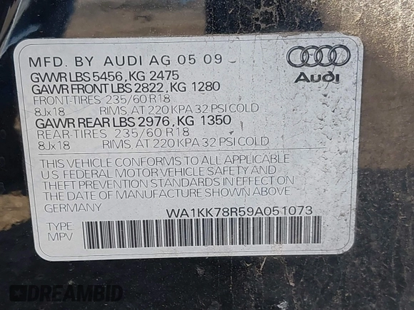 2009 Audi Q5 Premium Plus z VIN WA1KK78R59A051073, wystawiony jako IAAI lot #42236018 z przebiegiem 184 243 mil mil oraz . Historia ofert i sprzedaży dostępna na DreamBid. Obrazek 9.