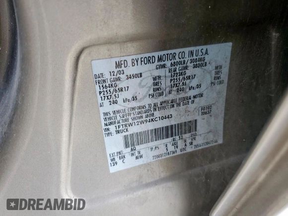 2004 Ford F-150 XLT with VIN 1FTRW12W94KC10443, listed as a Copart auction lot 63380525 with 206,815 mi miles and Salvage title. Bid and sale history available at DreamBid. Image 12.