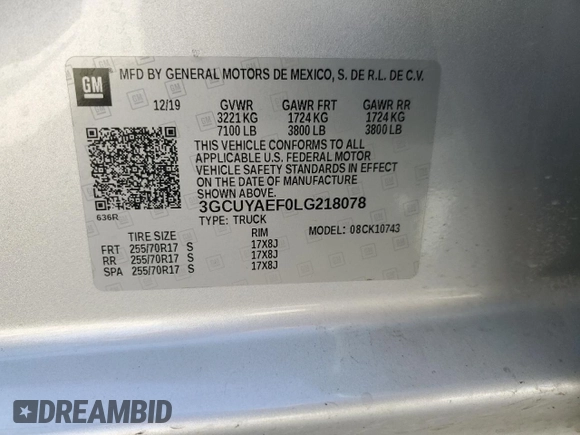 2020 Chevrolet Silverado 1500 Work Truck with VIN 3GCUYAEF0LG218078, listed as a Copart auction lot 50174455 with 101,394 mi miles and Salvage Title. Bid and sale history available at DreamBid. Image 13.