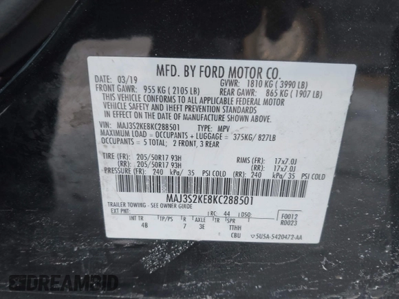 2019 Ford EcoSport Titanium with VIN MAJ3S2KE8KC288501, listed as a IAAI auction lot 41394372 with 87,476 mi miles and . Bid and sale history available at DreamBid. Image 9.