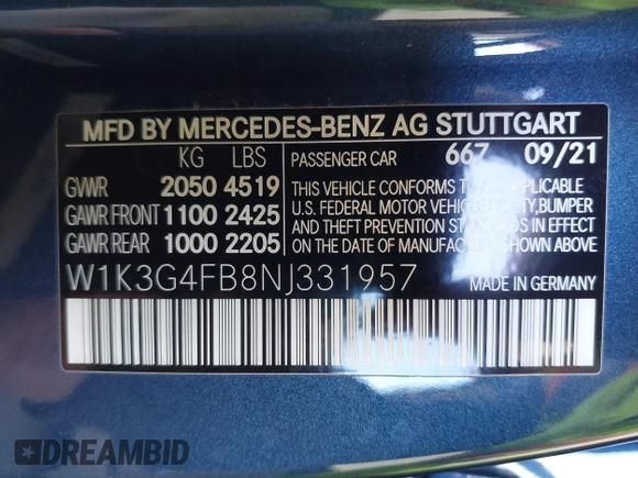 2022 Mercedes-Benz A 220 with VIN W1K3G4FB8NJ331957, listed as a IAAI auction lot 42135448 with 25,934 mi miles and . Bid and sale history available at DreamBid. Image 9.