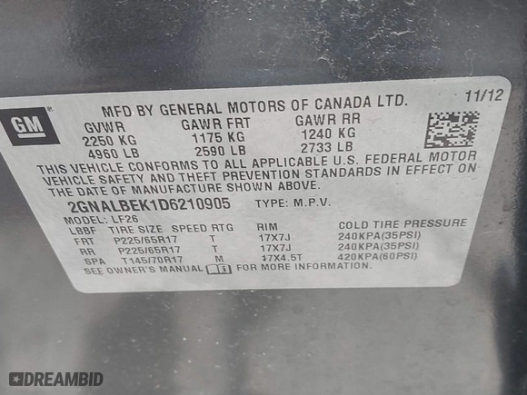 2013 Chevrolet Equinox LS with VIN 2GNALBEK1D6210905, listed as a IAAI auction lot 42027667 with 157,847 mi miles. Bid and sale history available at carsss.com. Image 9.
